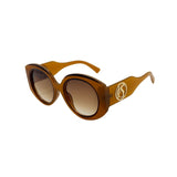 Brown sunglasses with a logo on a white background