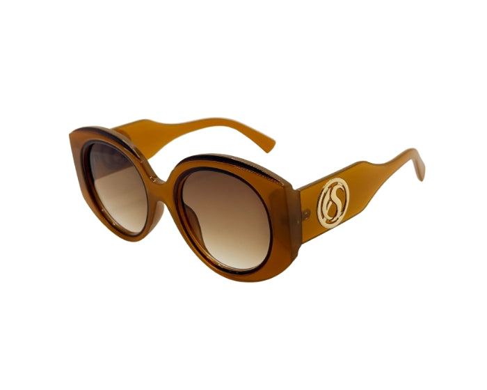 Brown sunglasses with a logo on a white background