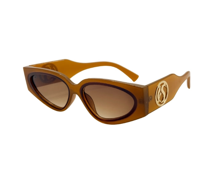Brown sunglasses with a logo on a white background