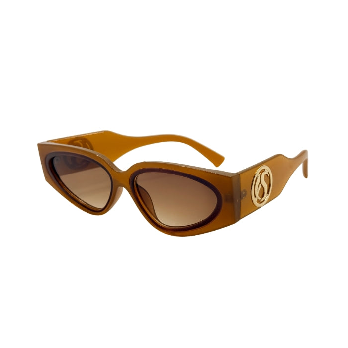 Brown sunglasses with a logo on a white background