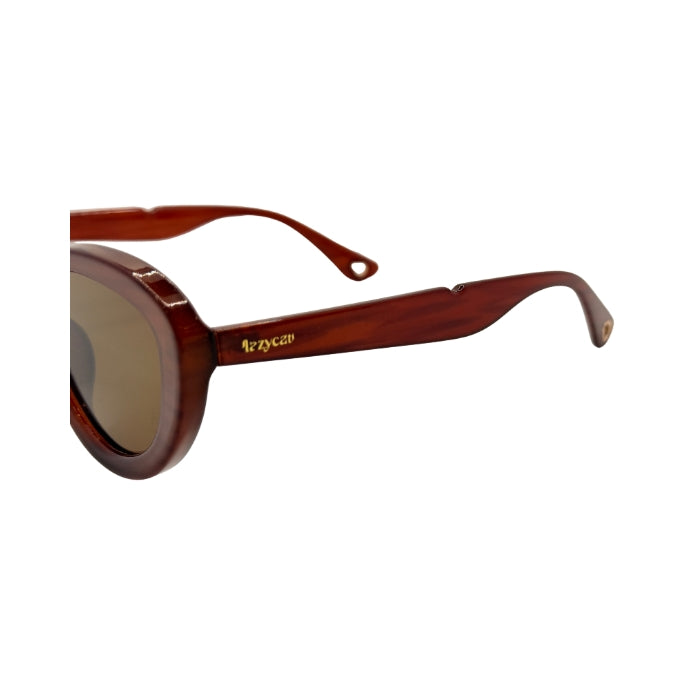 Brown sunglasses with a visible brand logo on a white background
