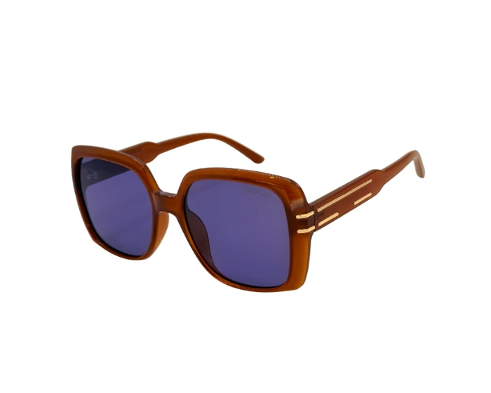 Brown sunglasses with blue lenses on a white background
