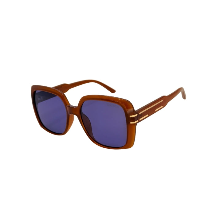 Brown sunglasses with blue lenses on a white background