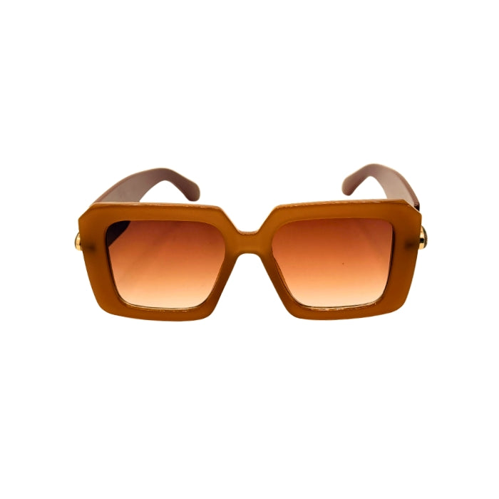 Brown sunglasses with gold accents on a white background