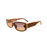 Brown sunglasses with intricate frame design on a white background