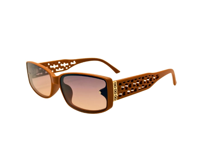 Brown sunglasses with intricate frame design on a white background