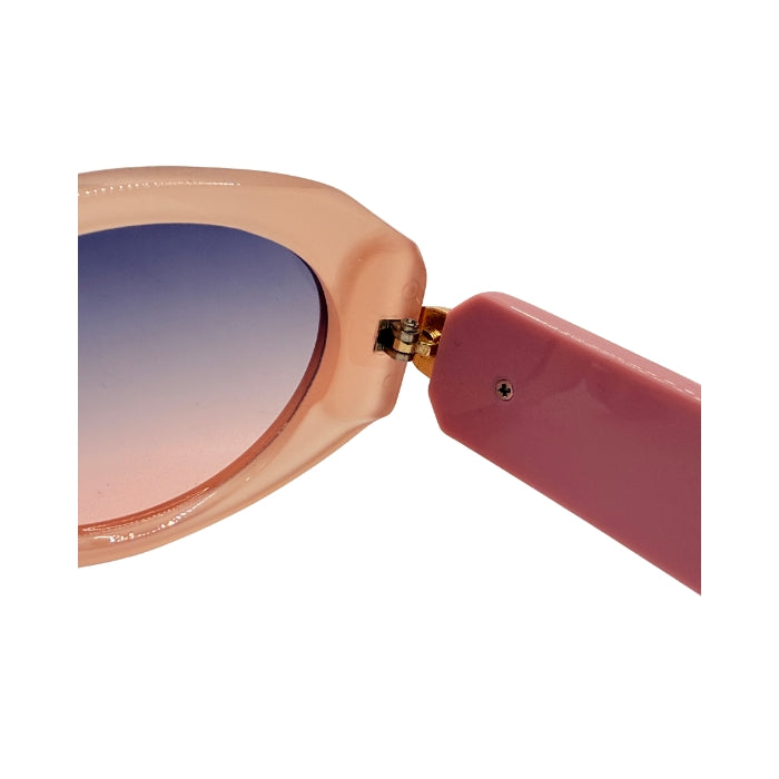 Close-up of a pink sunglasses with a gradient lens on a white background
