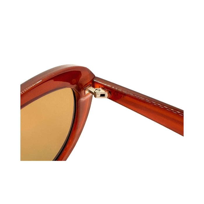 Close-up of a sunglasses with brown lenses and gold frame on a white background