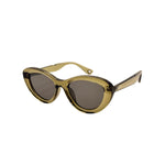 Gold-framed sunglasses with dark lenses on a white background