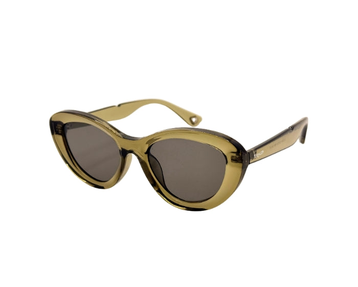 Gold-framed sunglasses with dark lenses on a white background