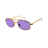 Gold-framed sunglasses with purple lenses on a white background