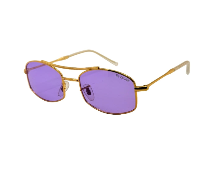 Gold-framed sunglasses with purple lenses on a white background