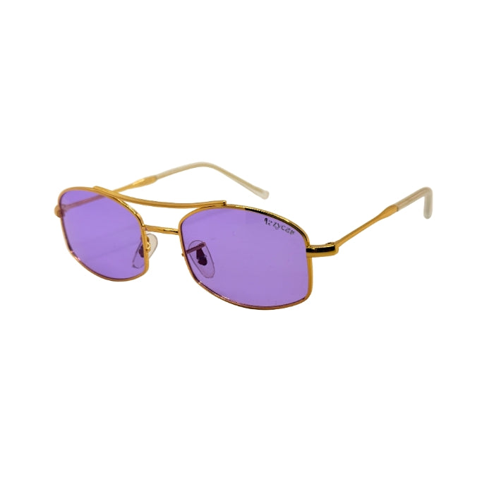 Gold-framed sunglasses with purple lenses on a white background