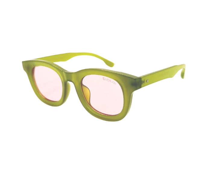 Green eyeglasses with pink lenses on a white background