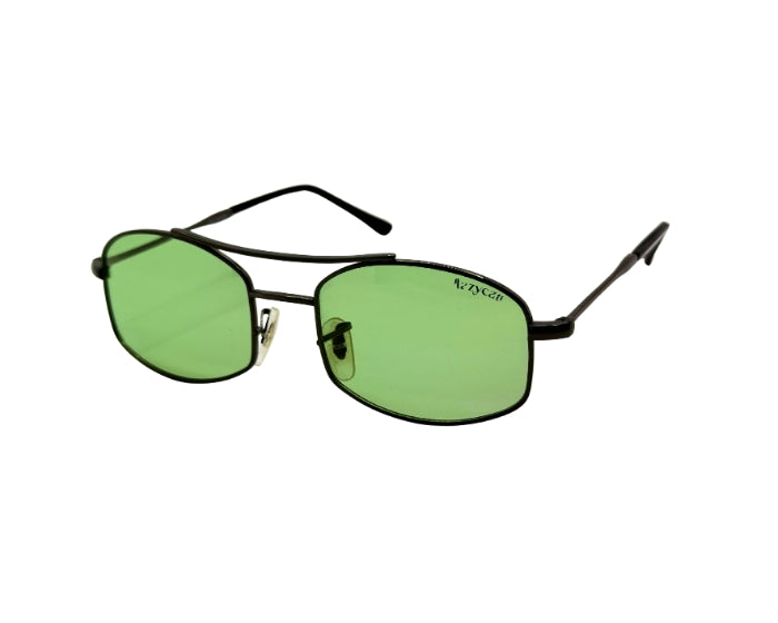 Green sunglasses with black frames on a white background