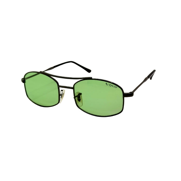 Green sunglasses with black frames on a white background
