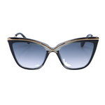 Sunglasses with black frame and blue gradient lenses on a white background