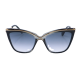 Sunglasses with black frame and blue gradient lenses on a white background