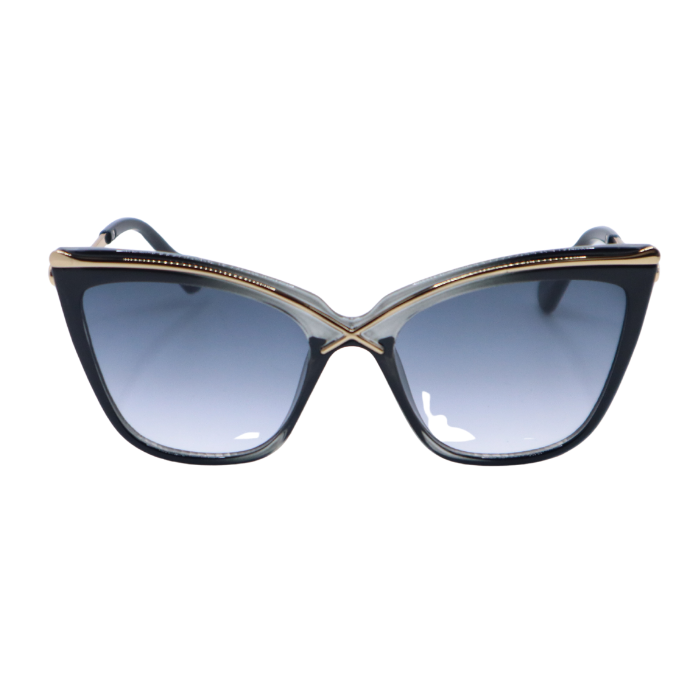 Sunglasses with black frame and blue gradient lenses on a white background