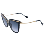 Sunglasses with black lenses and gold frames on a white background