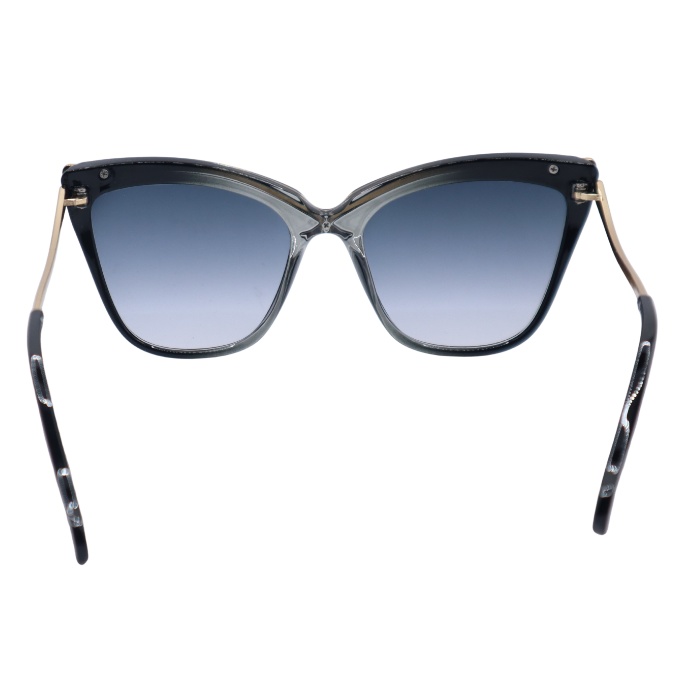 Sunglasses with black frame and blue gradient lenses on a white background