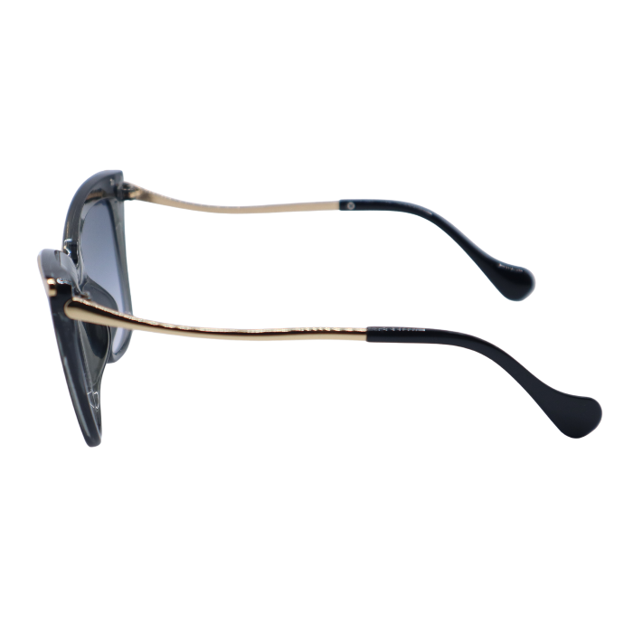 Sunglasses with gold frame and black arms on a white background