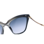 Sunglasses with a black frame and blue gradient lenses on a white background