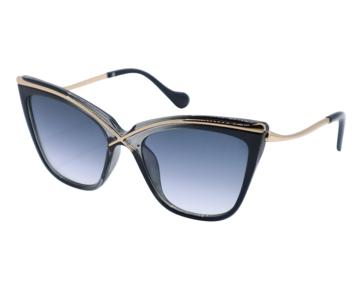 Sunglasses with black and gold frame on a white background