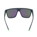 Sunglasses with dark lenses and green accents on a white background