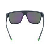 Sunglasses with dark lenses and green accents on a white background