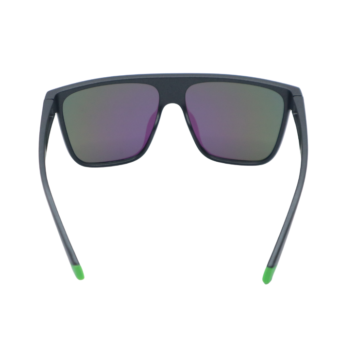 Sunglasses with dark lenses and green accents on a white background