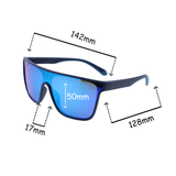 Sunglasses with dimensions labeled on a white background
