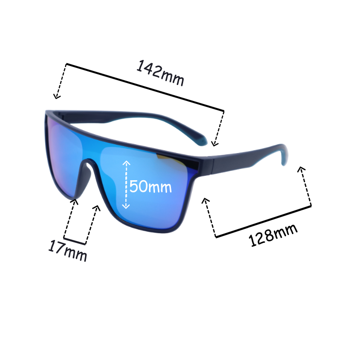 Sunglasses with dimensions labeled on a white background