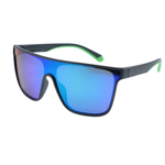 Sunglasses with blue reflective lenses and black frame on a white background
