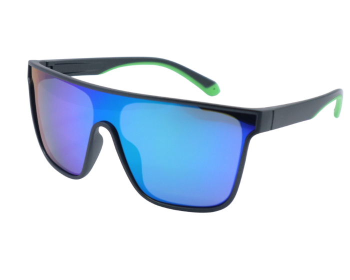 Sunglasses with blue reflective lenses and black frame on a white background