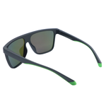 Sunglasses with black frame and green accents on a white background
