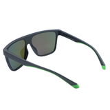 Sunglasses with black frame and green accents on a white background