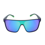 Sunglasses with blue and green gradient lenses on a white background