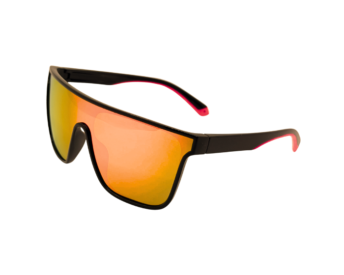 Sunglasses with orange lenses and black frame on a white background
