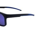 Sunglasses with black frame and blue arms on a white background