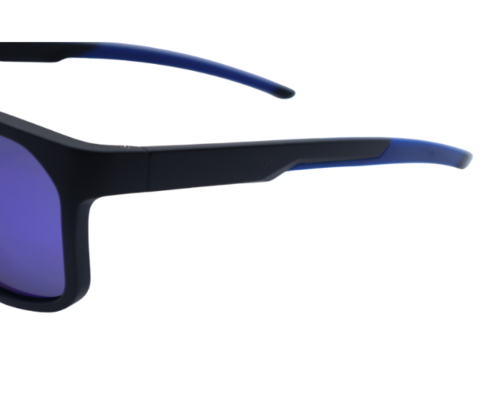 Sunglasses with black frame and blue arms on a white background