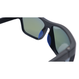 Sunglasses with black frame and reflective lenses on a white background