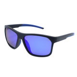 Sunglasses with black frame and blue lenses on a white background