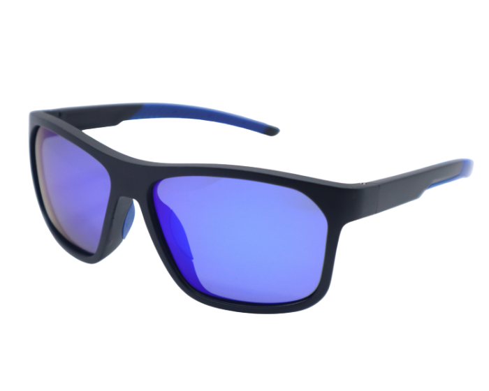 Sunglasses with black frame and blue lenses on a white background