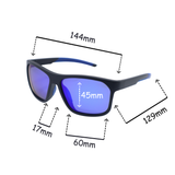 Sunglasses with dimensions labeled on a white background