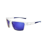 Sunglasses with clear frame and blue lenses on a white background