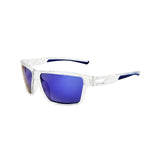 Sunglasses with clear frame and blue lenses on a white background