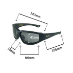 Black sunglasses with measurements on a white background
