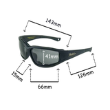 Black sunglasses with measurements on a white background