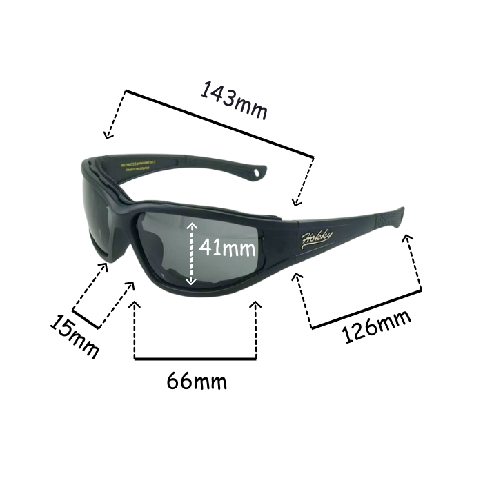 Black sunglasses with measurements on a white background
